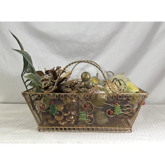 Rustic Holiday Decor Artificial Fruit Filled Gold Wire Basket Set - Picture 5 of 5